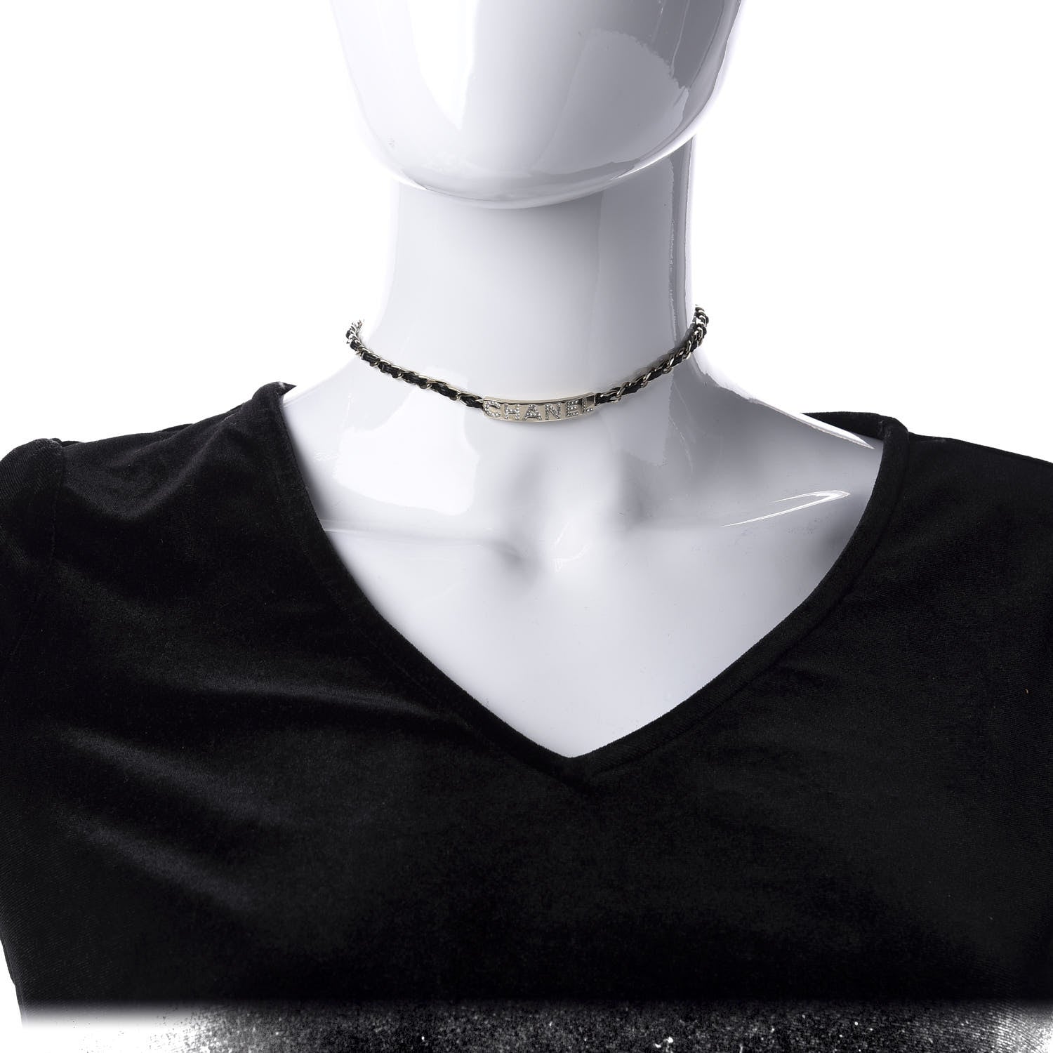 Chanel Metal Lambskin Crystal Sergeant Choker Necklace Black Gold 2 of 6