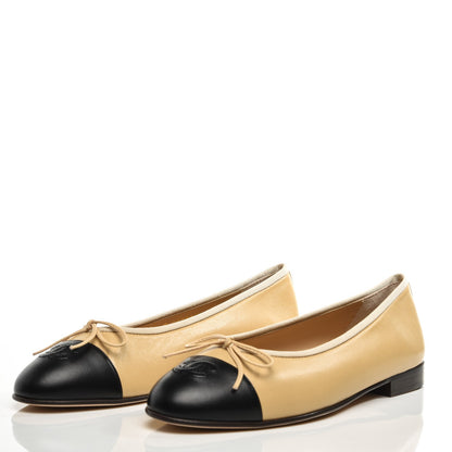 Chanel Lambskin Cap Toe Ballerina Flats 37.5 Beige Black 2 of 9