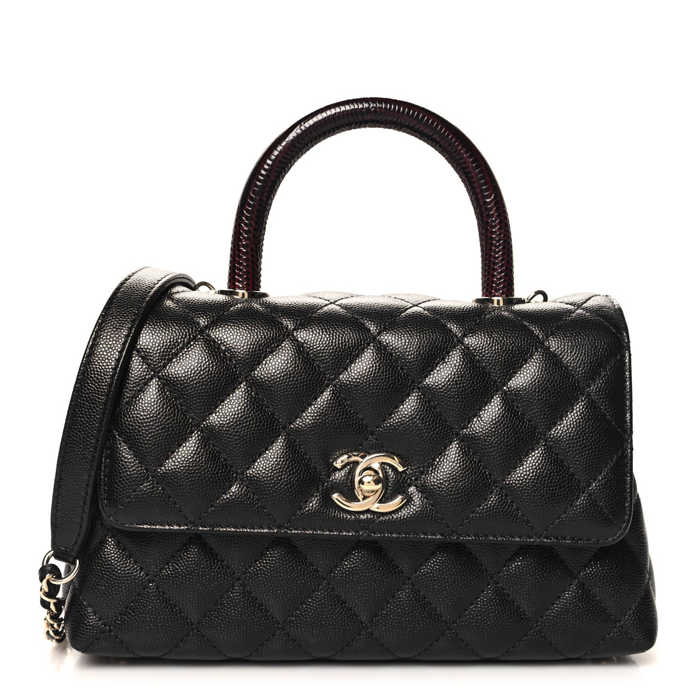 Caviar Lizard Embossed Quilted Mini Coco Handle Flap Black