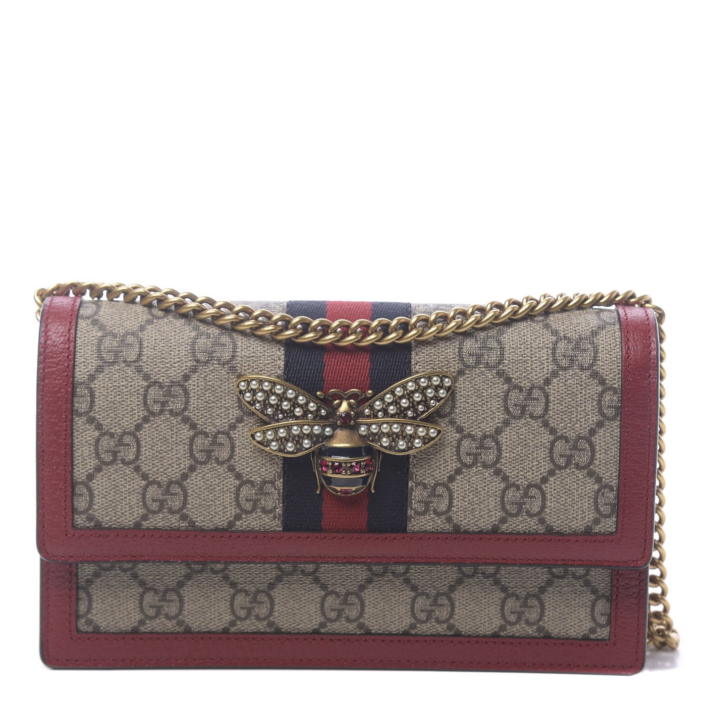 GG Supreme Monogram Web Queen Margaret Chain Wallet Red