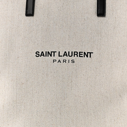 Saint Laurent Canvas Calfskin Teddy Drawstring Shopping Tote White Black 8 of 10