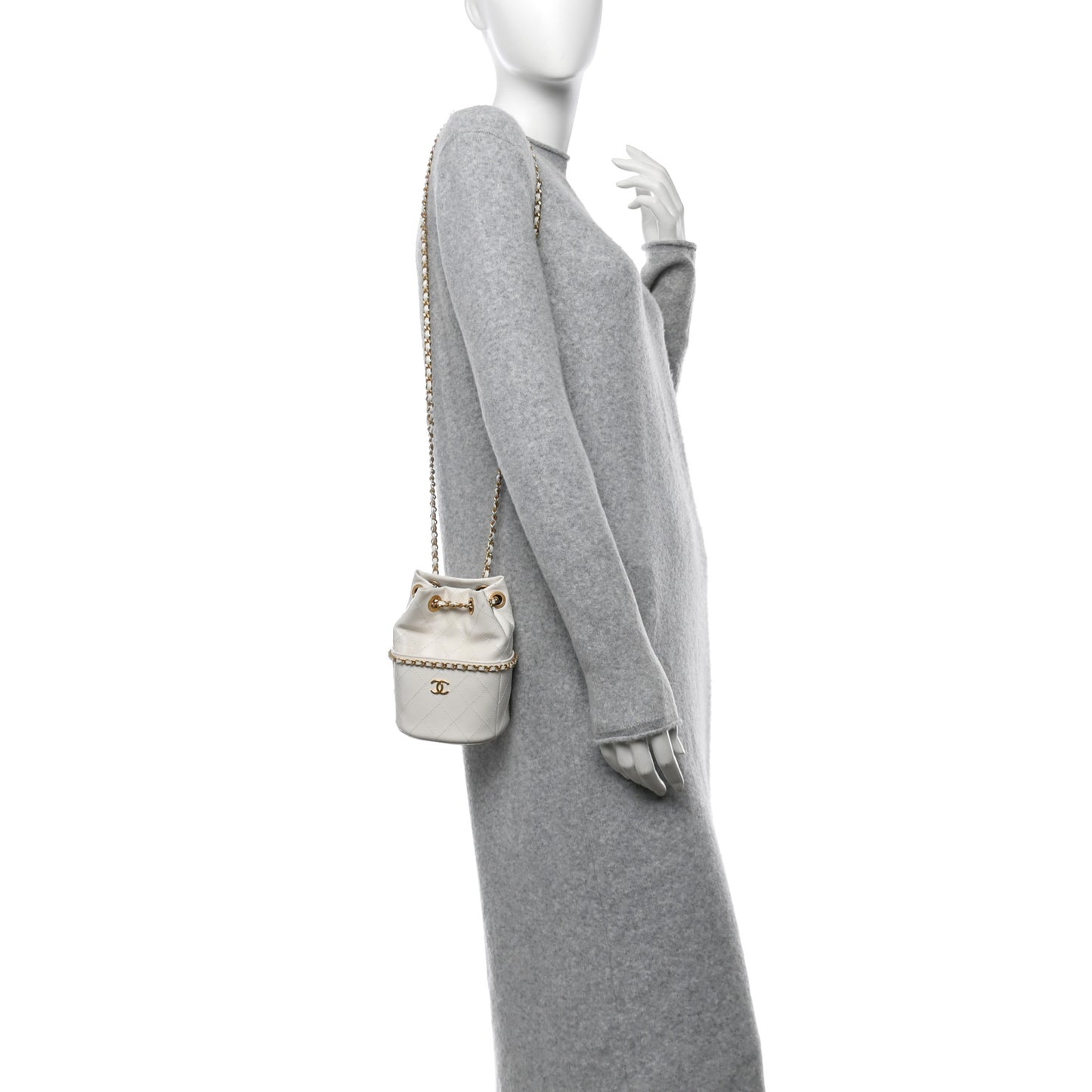 Shiny Lambskin Quilted Nauticoco Bucket Bag White