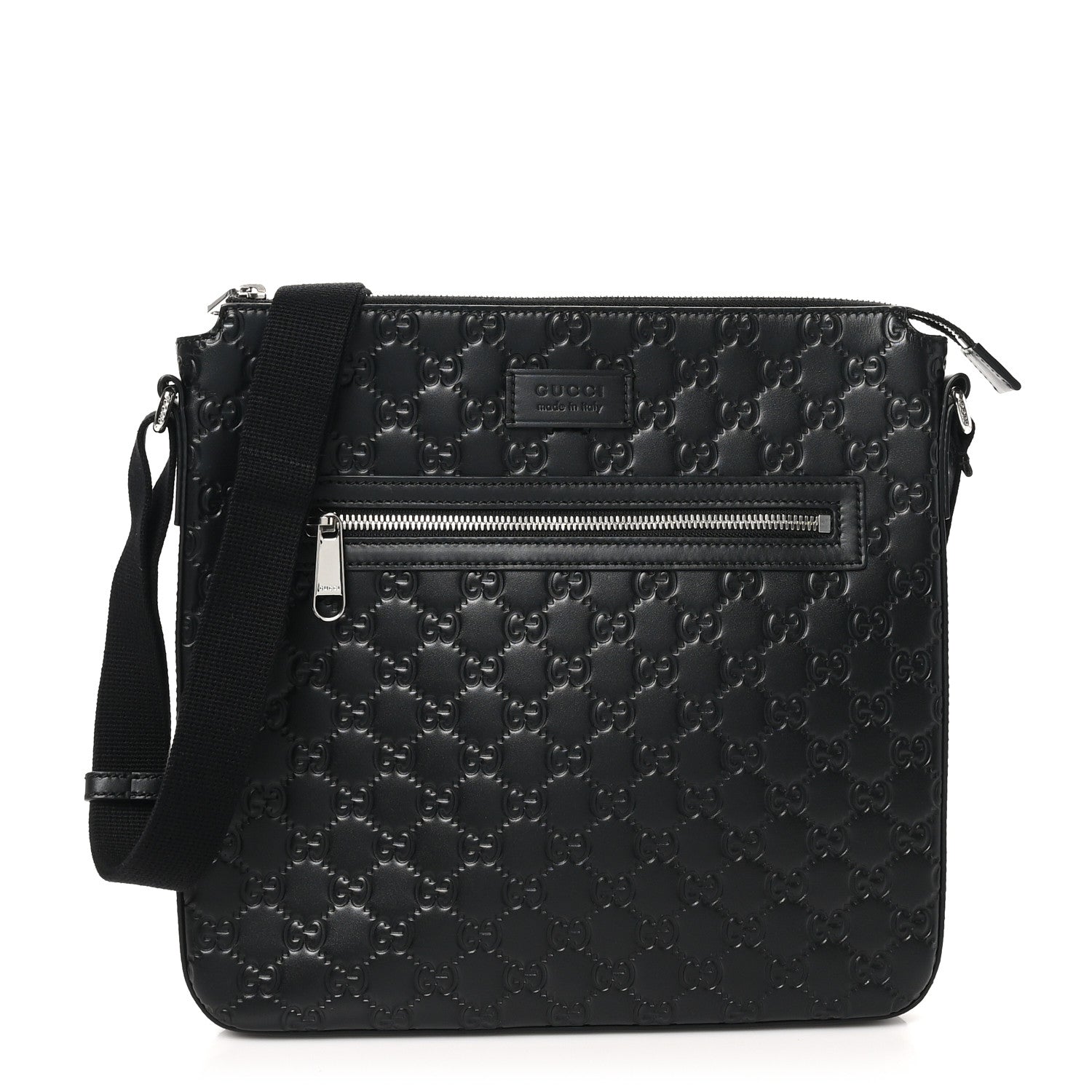 Gucci Guccissima Signature Medium Flat Messenger Bag Black 1 of 10
