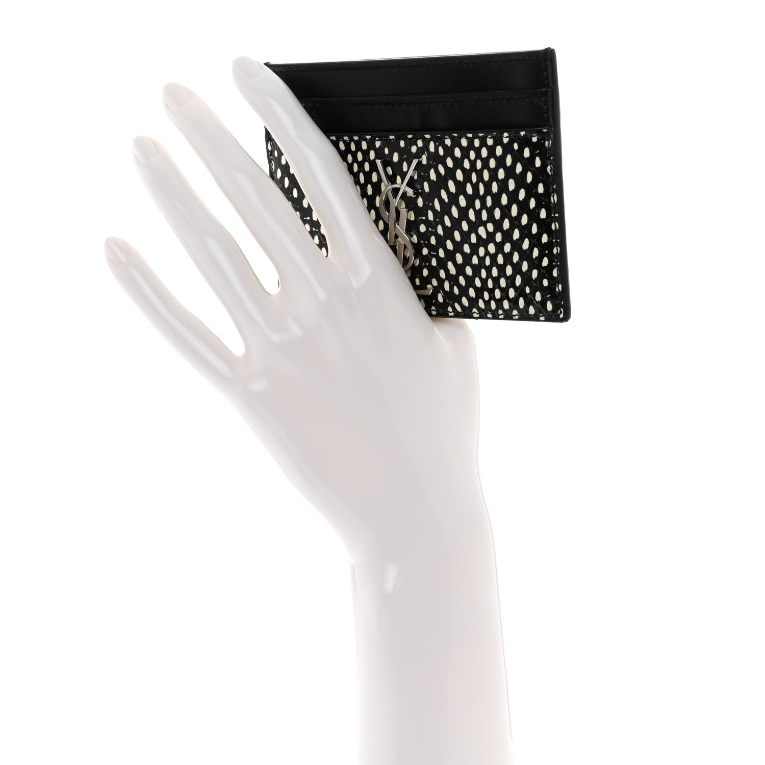 Saint Laurent Calfskin Lambskin Snakeskin Embossed Monogram Credit Card Case Black White 2 of 8
