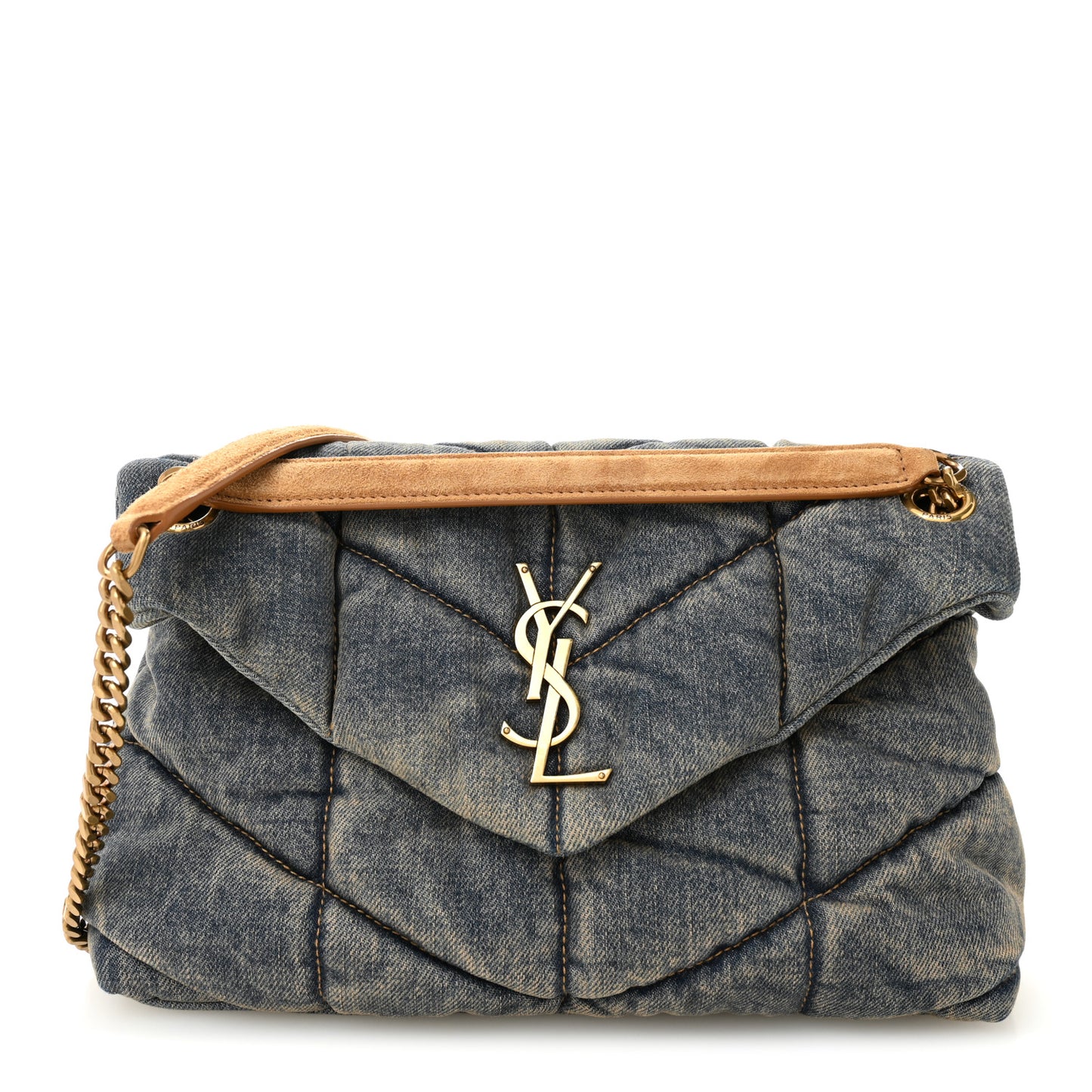 Denim Quilted Small Loulou Puffer Monogram Chain Satchel Blue Cinnamon