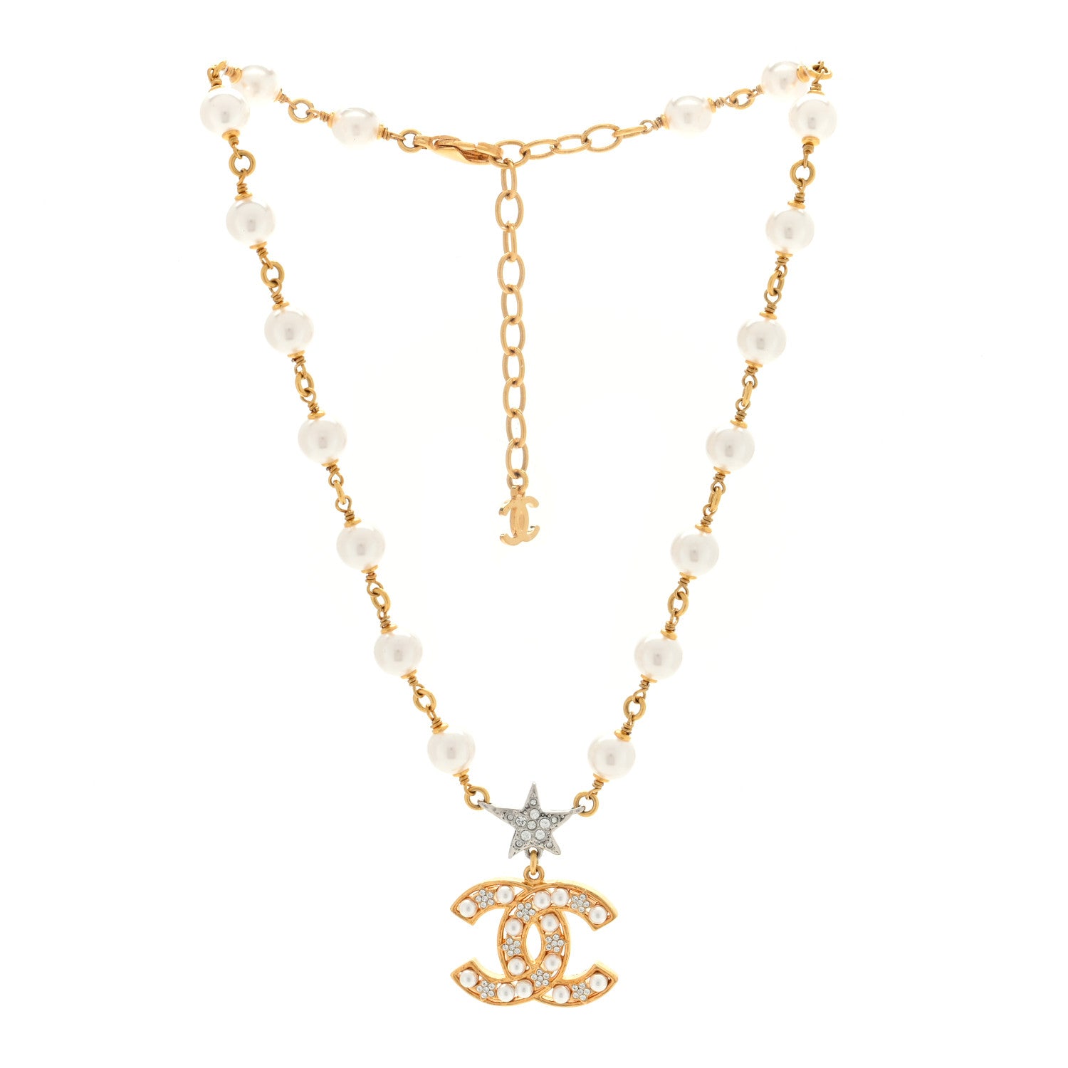 Chanel Metal Pearl Crystal CC Star Necklace Gold 3 of 4
