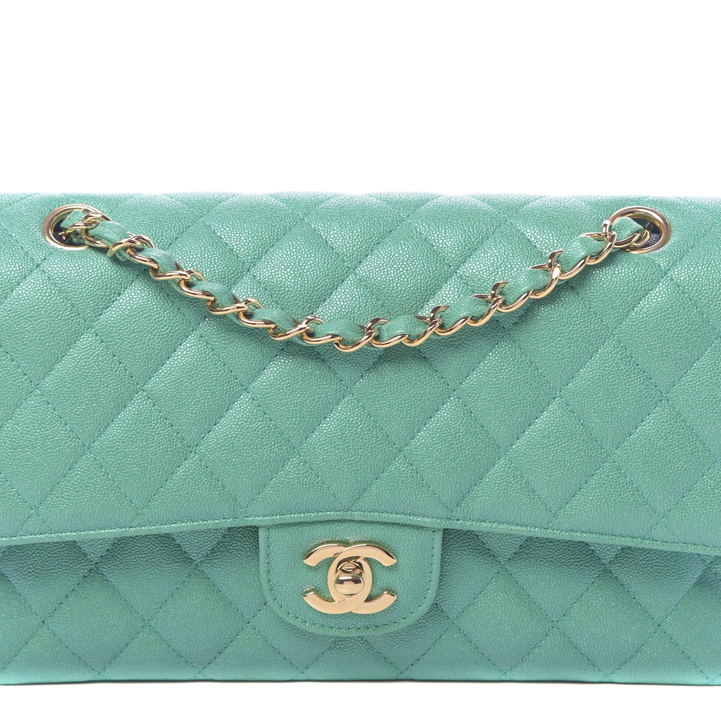 Iridescent Caviar Quilted Medium Double Flap Green