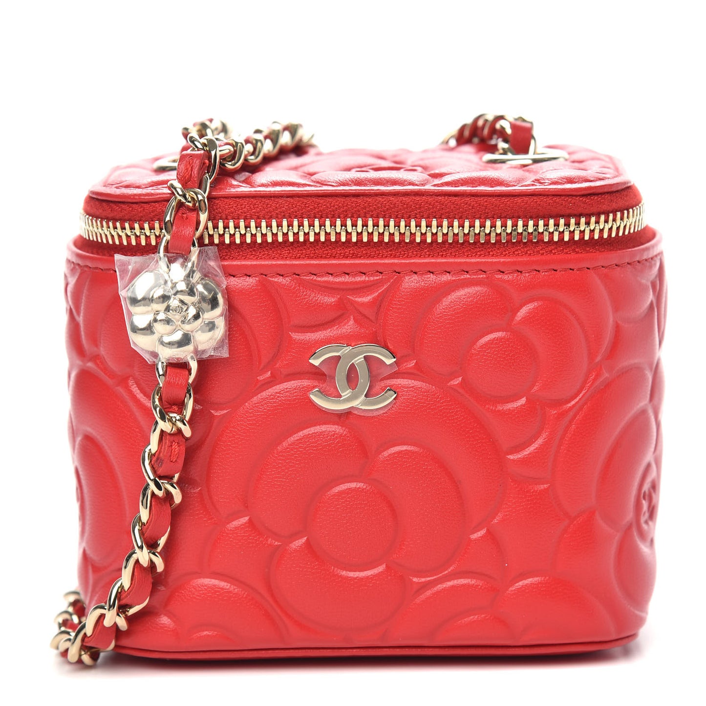 Lambskin Camellia Embossed Mini Vanity Case With Chain Red