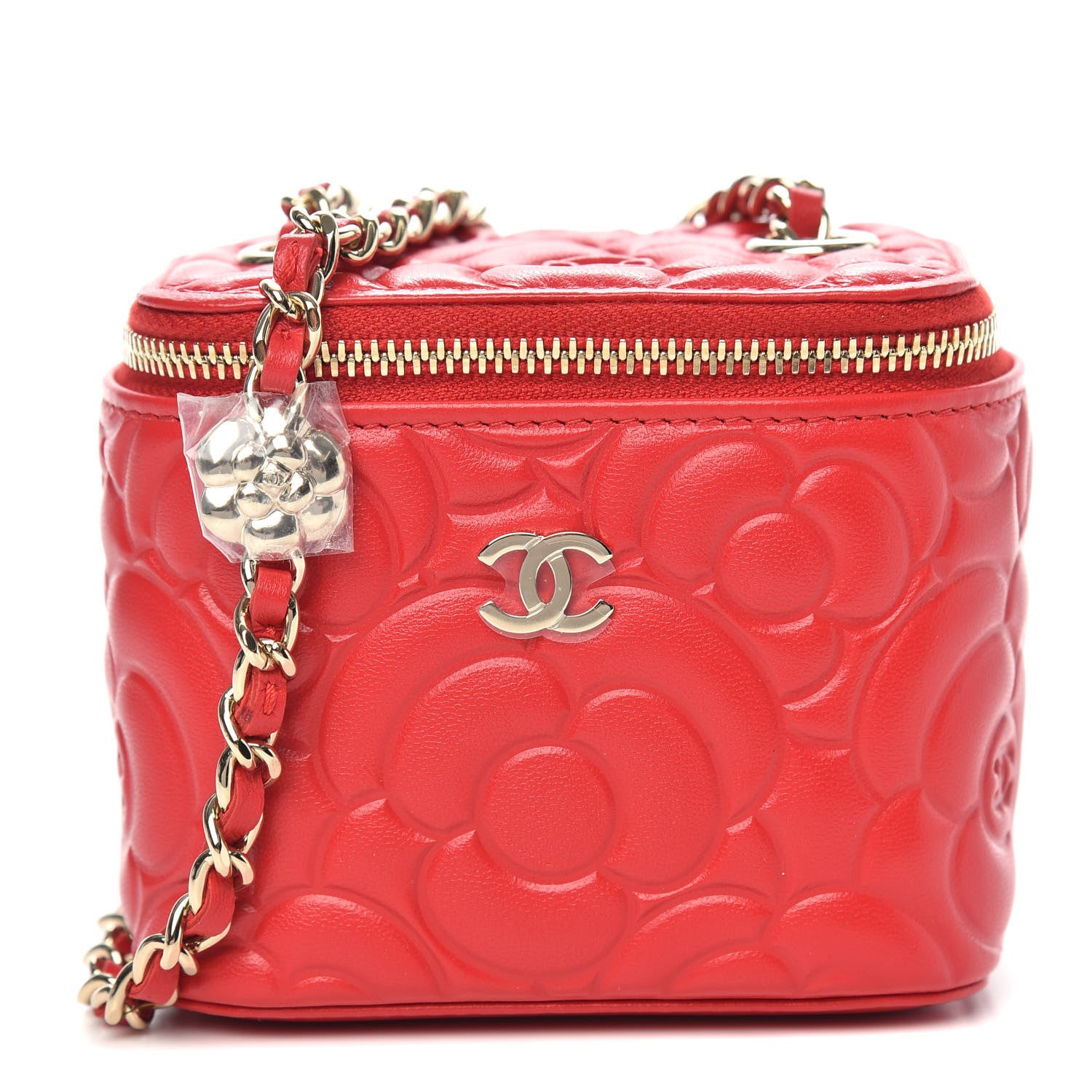 Chanel Lambskin Camellia Embossed Mini Vanity Case With Chain Red 1 of 10