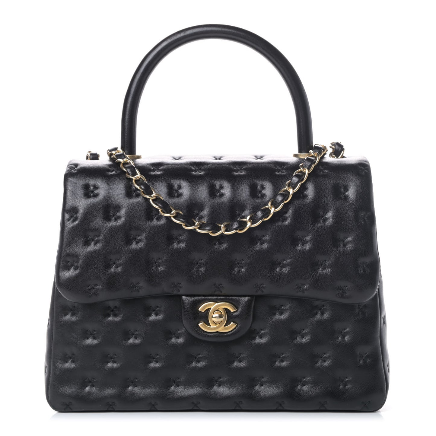 Lambskin Cross Stitch Small Coco Handle Flap Dark Black