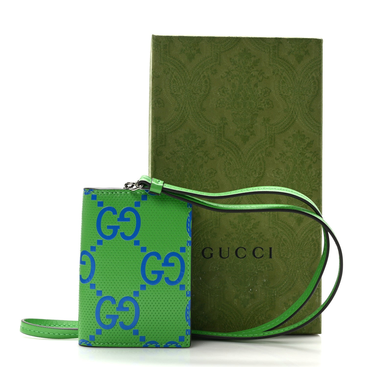 Gucci Calfskin GG Tennis Bi-Color Embossed Card Case Joy Green Joy