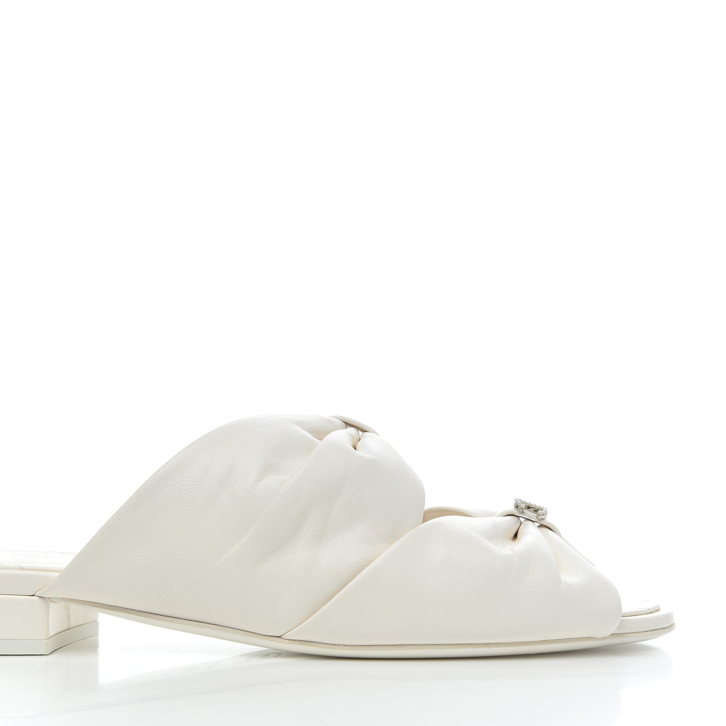 Lambskin Pearl Bow CC Flat Sandals 38 White