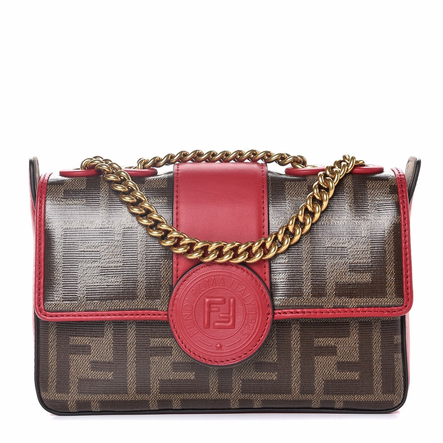 Glazed Fabric Vitello Century FF 1974 Stamp Patch Mini Double F Crossbody Bag Mogano Panna Fragola