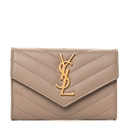 Saint Laurent Grain De Poudre Matelasse Chevron Small Monogram Envelope Wallet Dark Beige 1 of 13