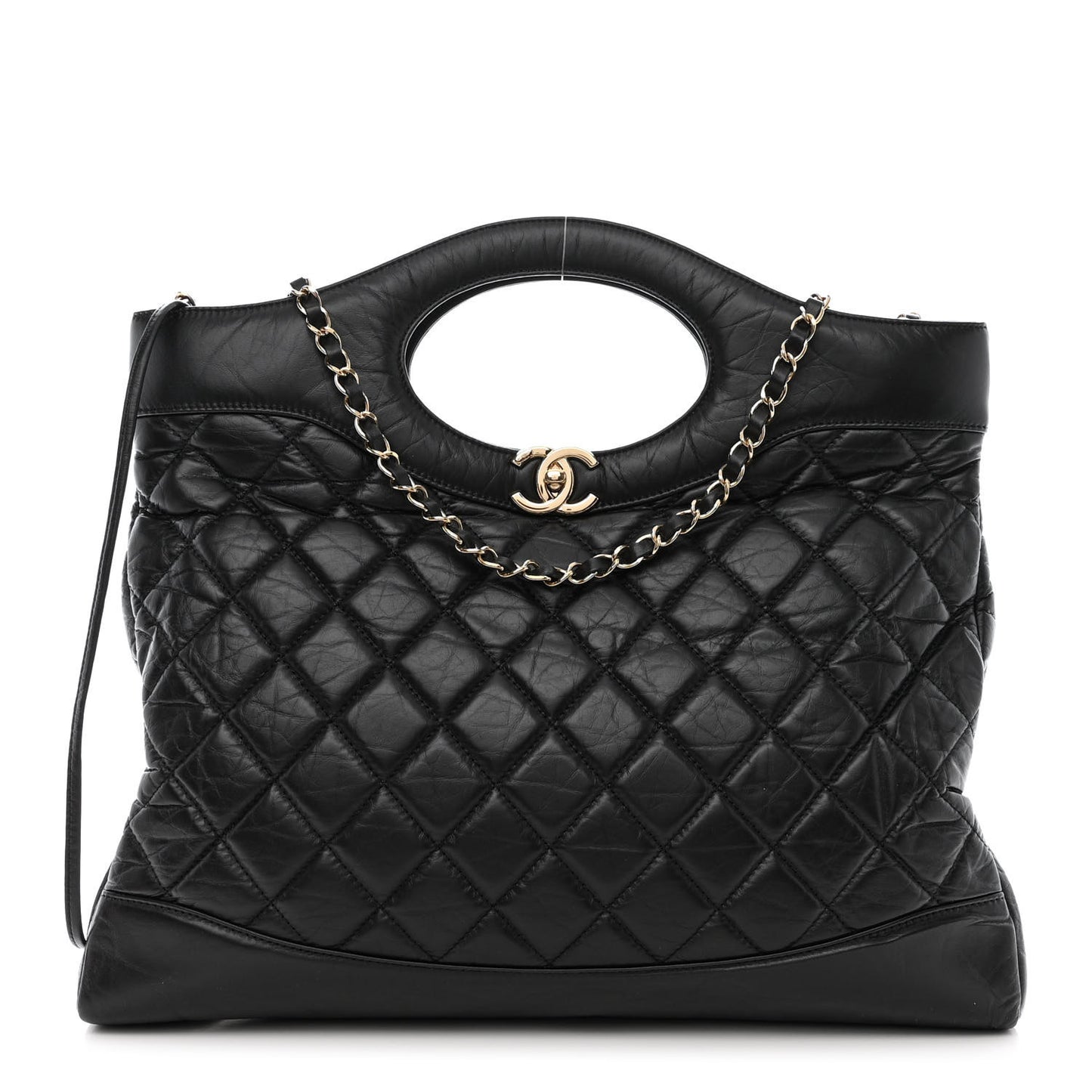 Shiny Crumpled Calfskin Quilted Large 31 Shopping Bag Black