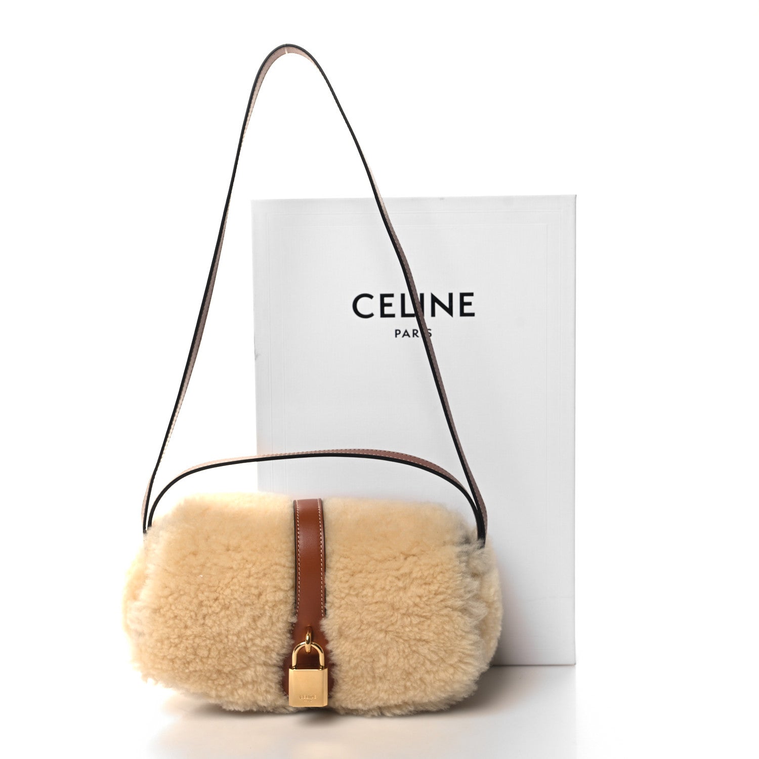 Celine Shearling Smooth Calfskin Tabou Clutch on Strap Natural Tan 10 of 10
