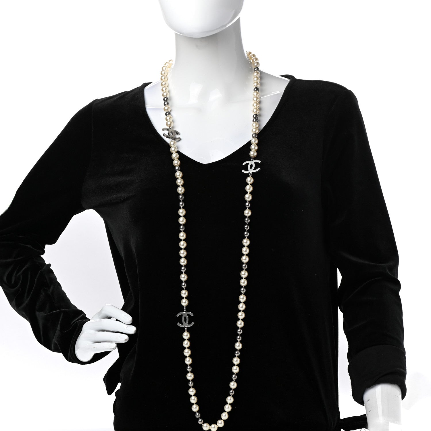 Chanel Pearl CC Long Necklace Silver Pearly White Grey 2 of 6