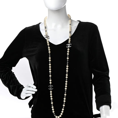 Chanel Pearl CC Long Necklace Silver Pearly White Grey 2 of 6