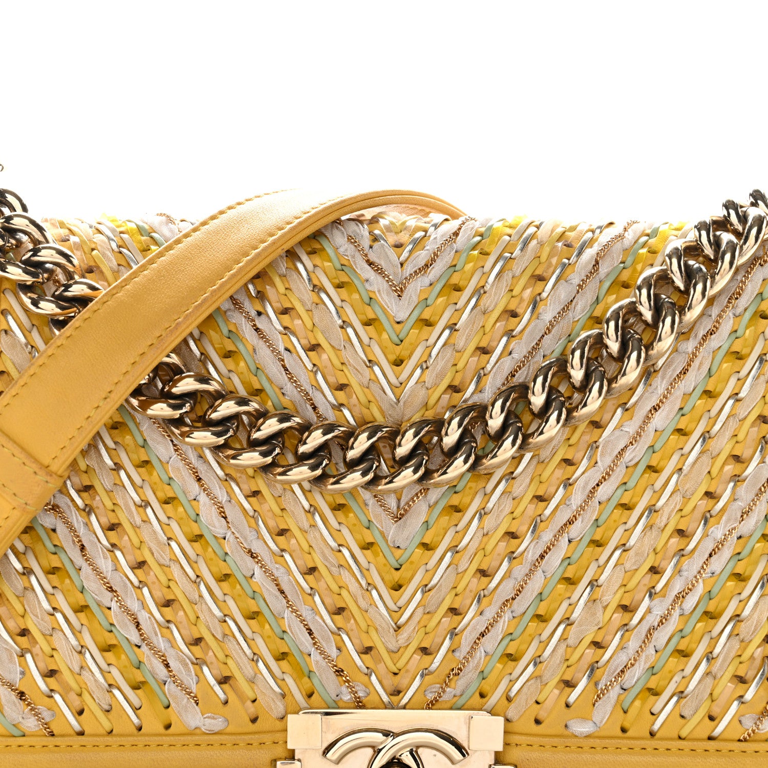 Chanel Calfskin Chevron Embroidered Medium Flap Yellow 17 of 27