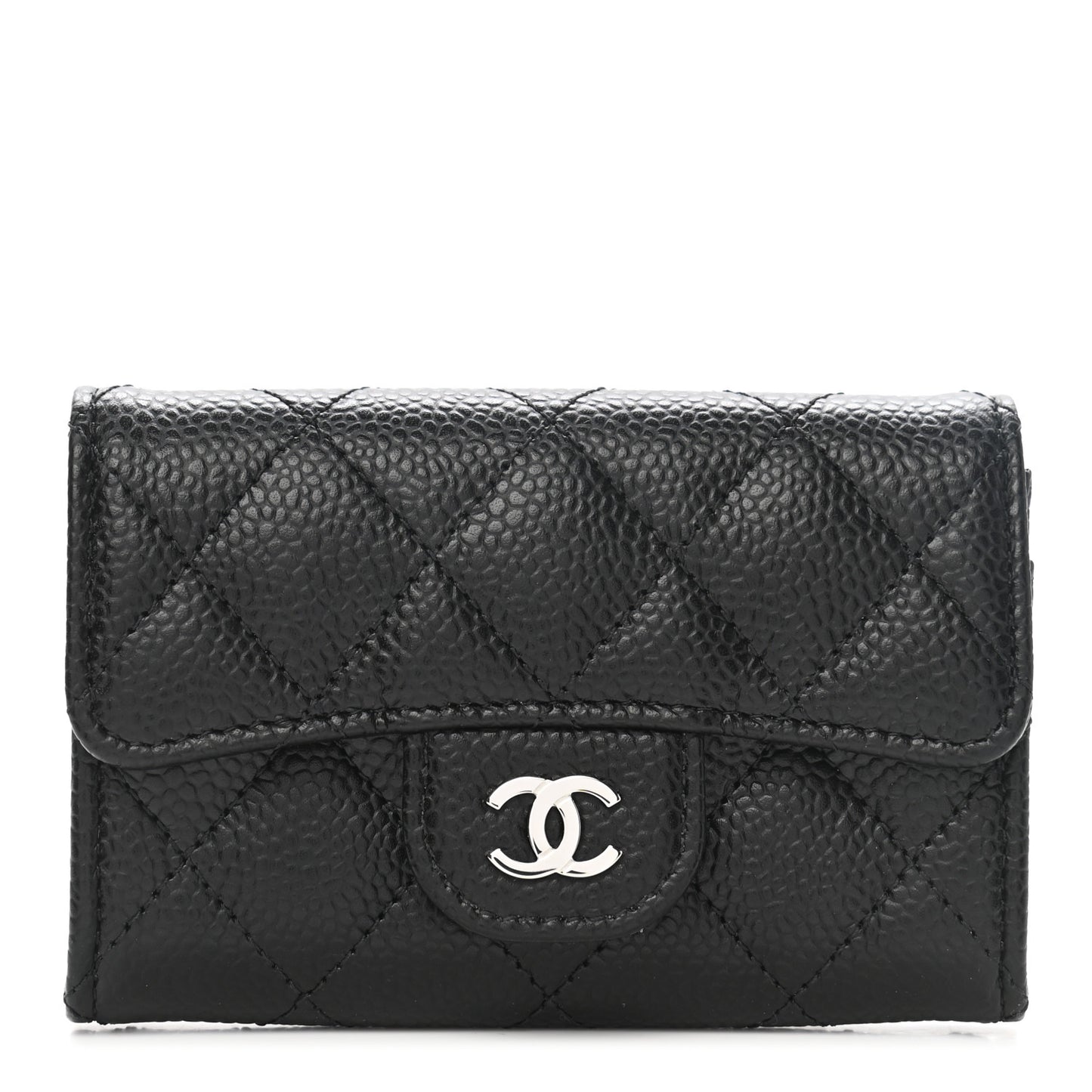 Caviar Quilted Flap Card Holder Wallet Black