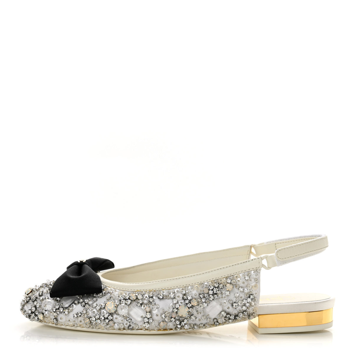 Chanel Satin Crystal Lambskin Grosgrain Bow CC Slingback Flats 35 White Black 1 of 10