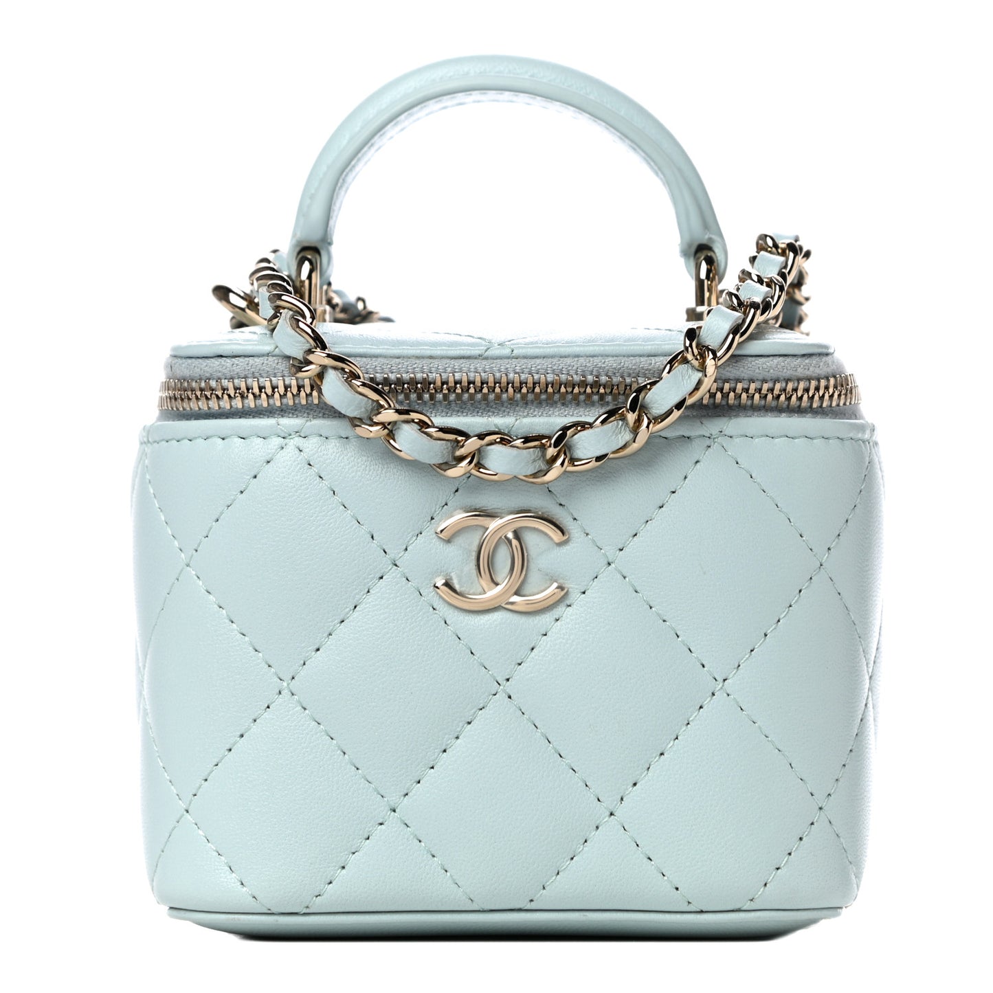 Lambskin Quilted Top Handle Mini Vanity Case With Chain Light Blue