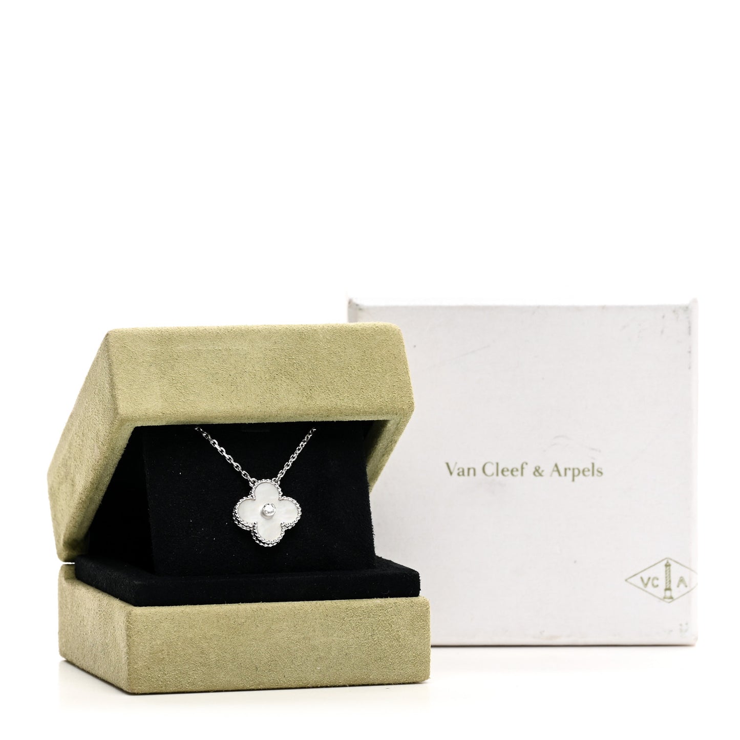 18K White Gold Diamond Mother of Pearl Vintage Alhambra Pendant Necklace