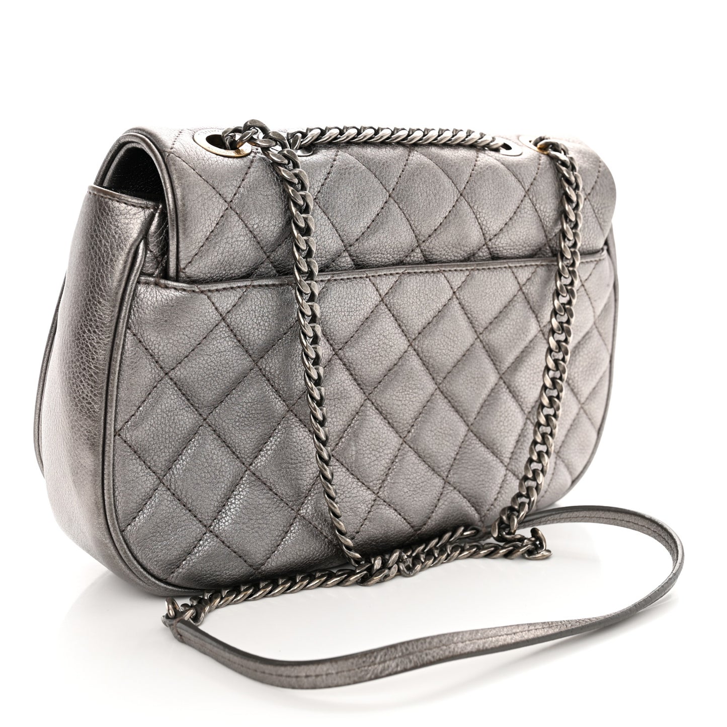 Metallic Calfskin Quilted Casual Pocket Messenger Flap Silver