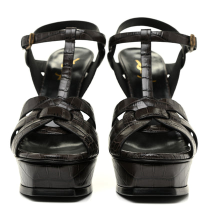 Saint Laurent Calfskin Embossed Crocodile Tribute 105 Platform Sandals 39 Ultra Grey 2 of 8