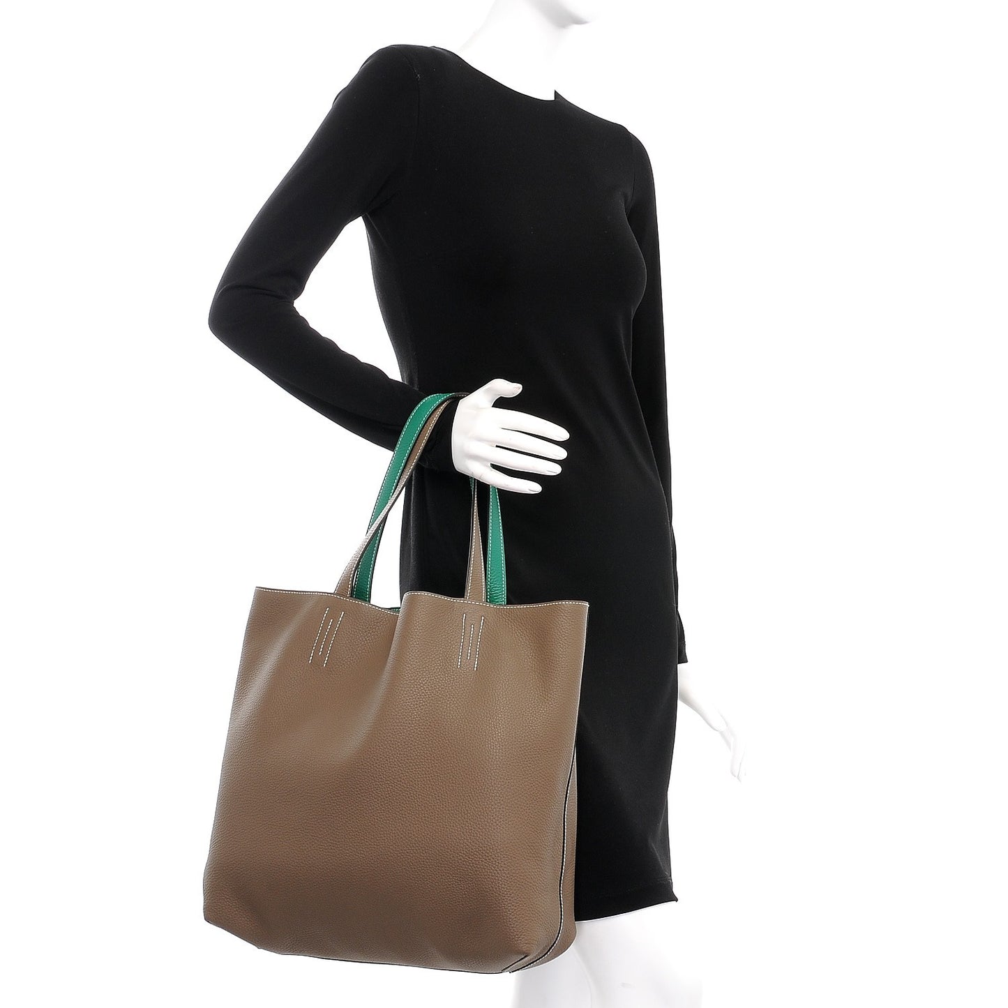 Taurillon Clemence Double Sens 45 Reversible Tote Etoupe Vert Vertigo