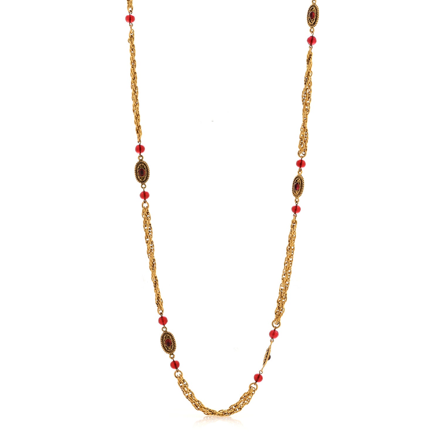 Chanel Gripoix Chicklet Sautoir Necklace Gold Red 1 of 8