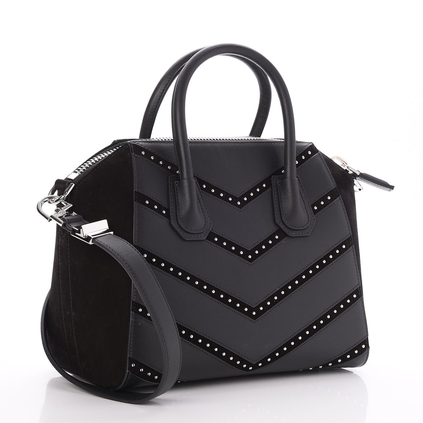 Calfskin Suede Small Studded Chevron Antigona Black