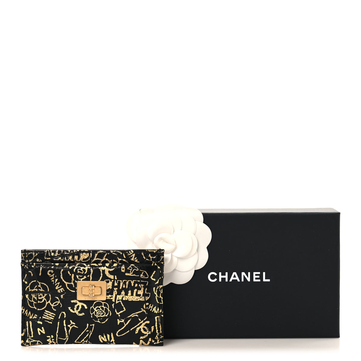 Chanel Calfskin Crocodile Embossed Graffiti 2.55 Cocodile Reissue Card Holder Black Gold 9 of 9