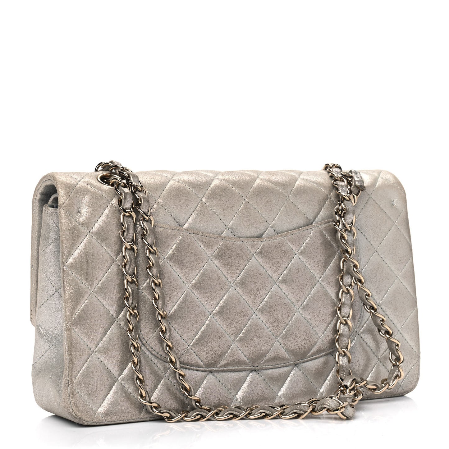 Iridescent Calfskin Quilted Medium Double Flap Silver