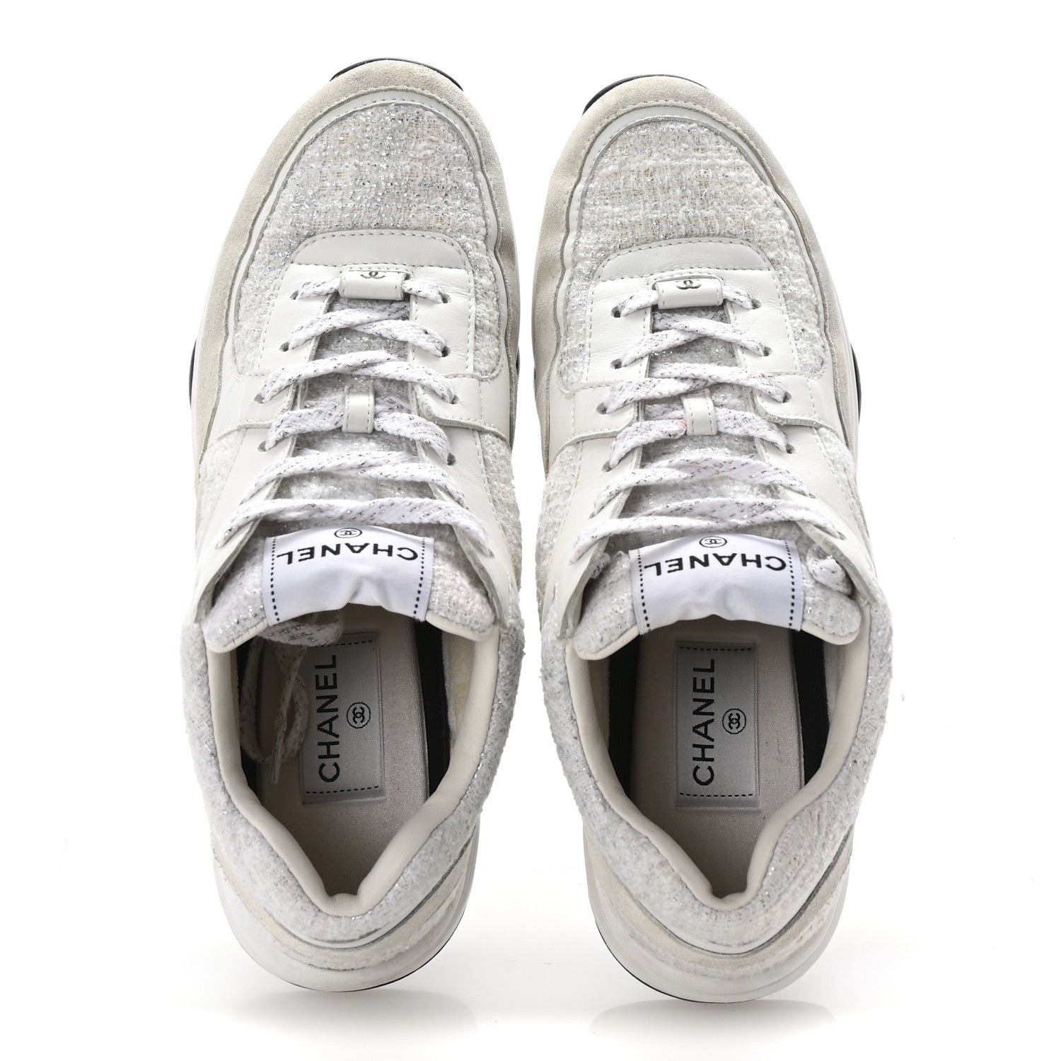 Chanel Painted Iridescent Cotton Tweed Suede Womens CC Sneakers 41 White Silver Multicolor 2 of 10
