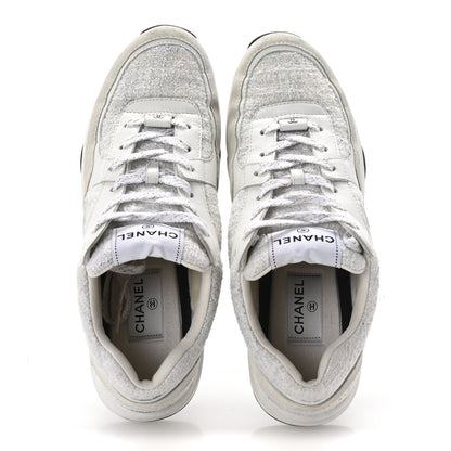 Chanel Painted Iridescent Cotton Tweed Suede Womens CC Sneakers 41 White Silver Multicolor 2 of 10