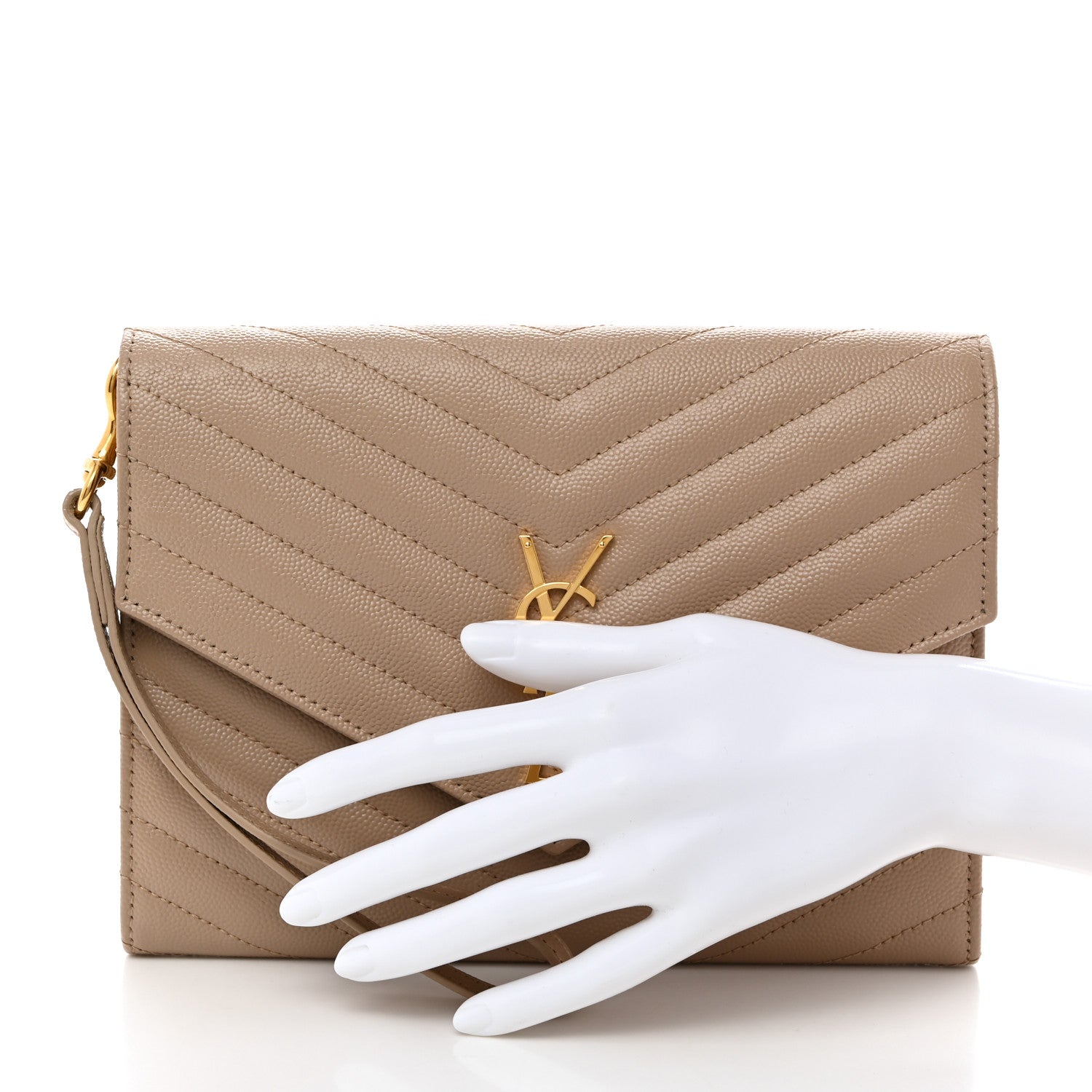 Saint Laurent Grain De Poudre Matelasse Chevron Monogram Envelope Clutch Dark Beige 2 of 8