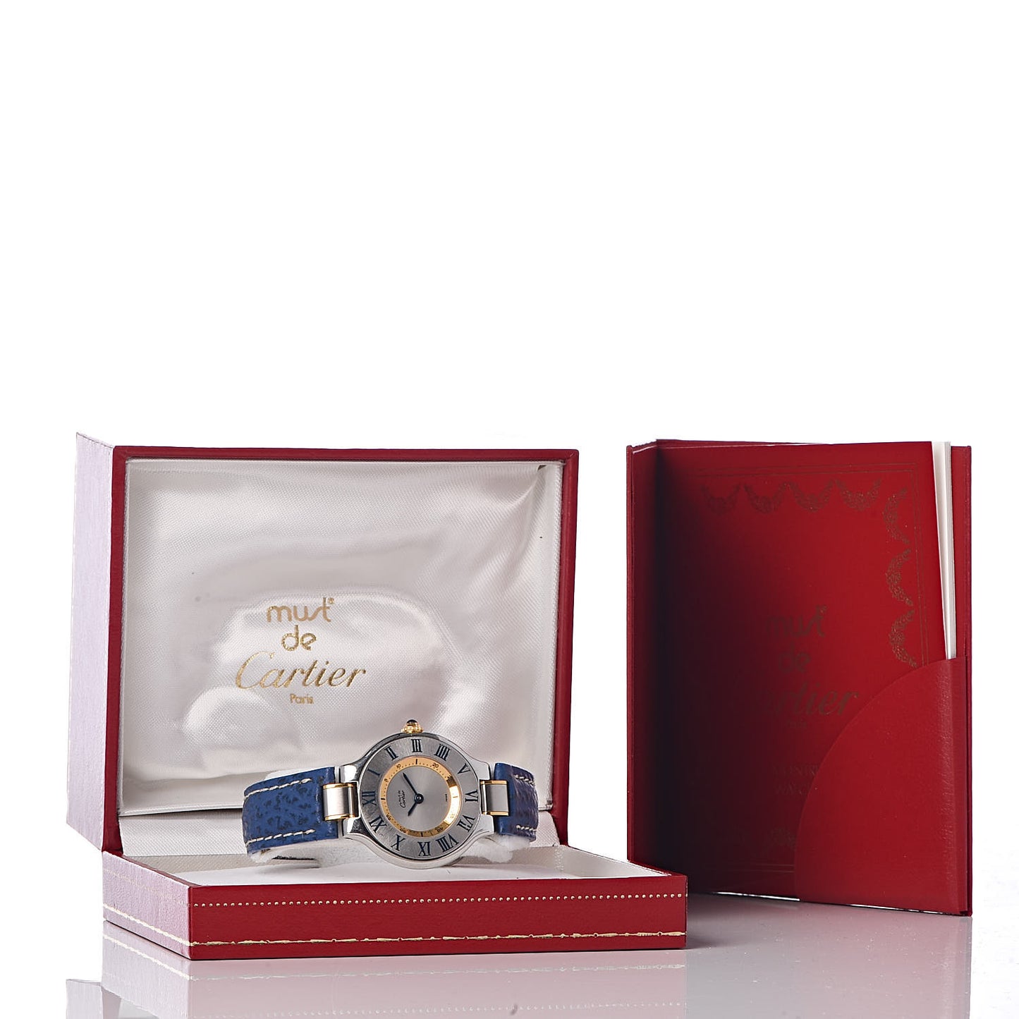 Stainless Steel 18K Yellow Gold Calfskin 28mm Must De 21 Quartz Watch Blue