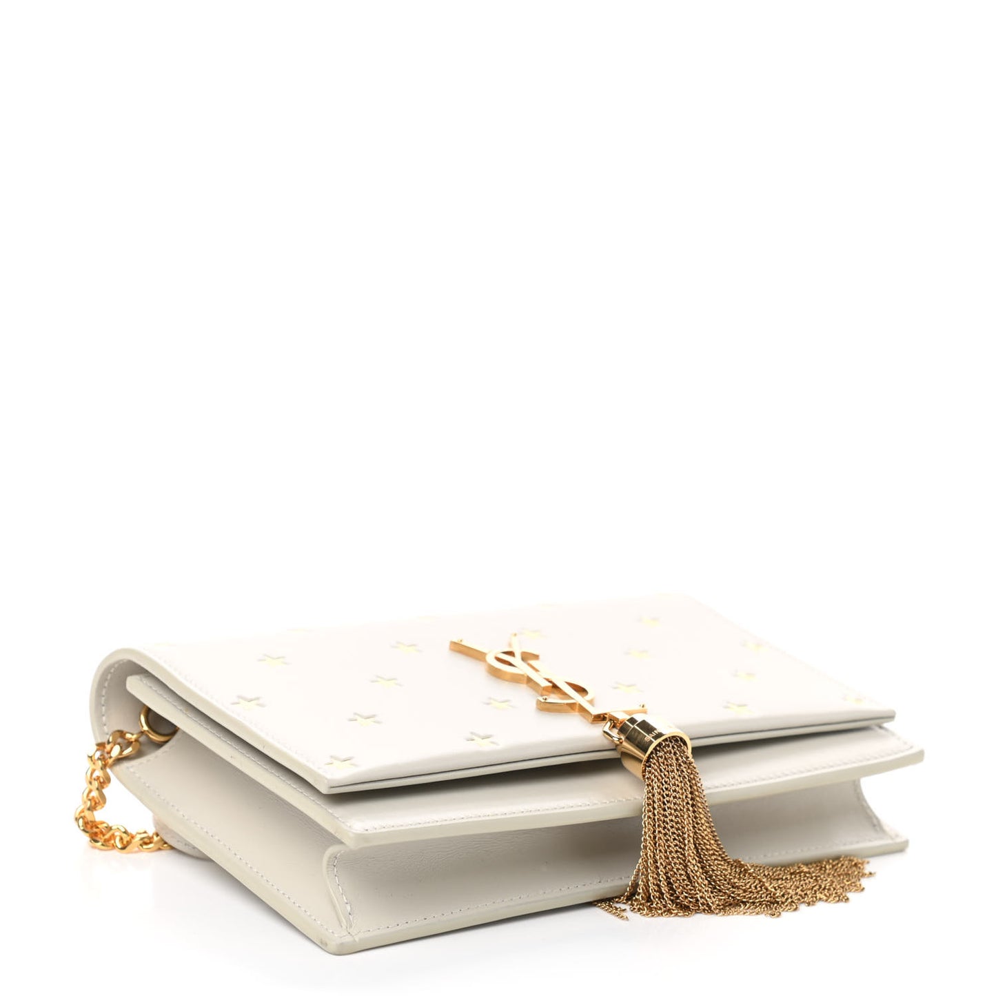 Calfskin Star Print Monogram Kate Tassel Chain Wallet White Gold