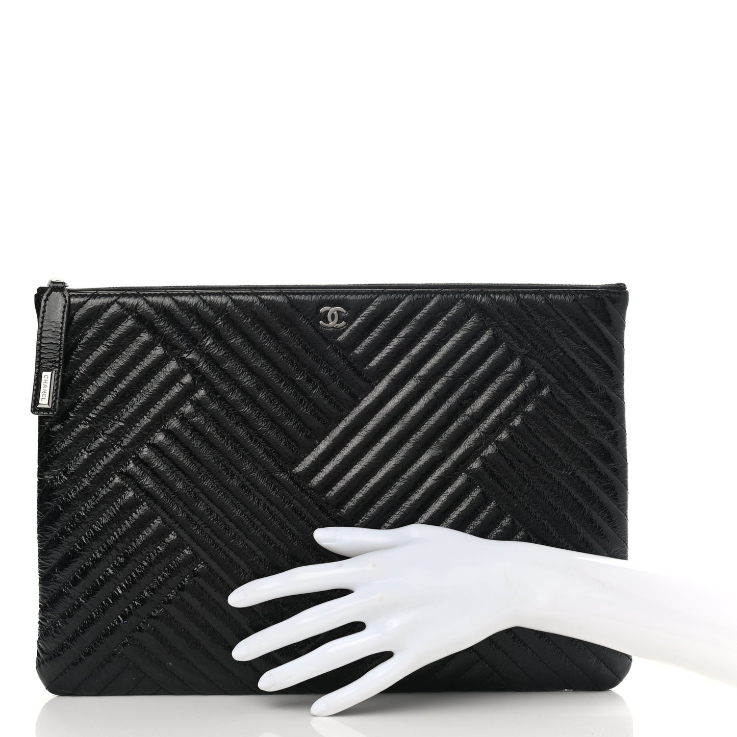 Distressed Patent Chevron Quilted Medium CC Crossing Cosmetic Case Black