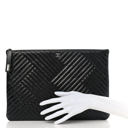 Chanel Distressed Patent Chevron Quilted Medium CC Crossing Cosmetic Case Black 2 of 7