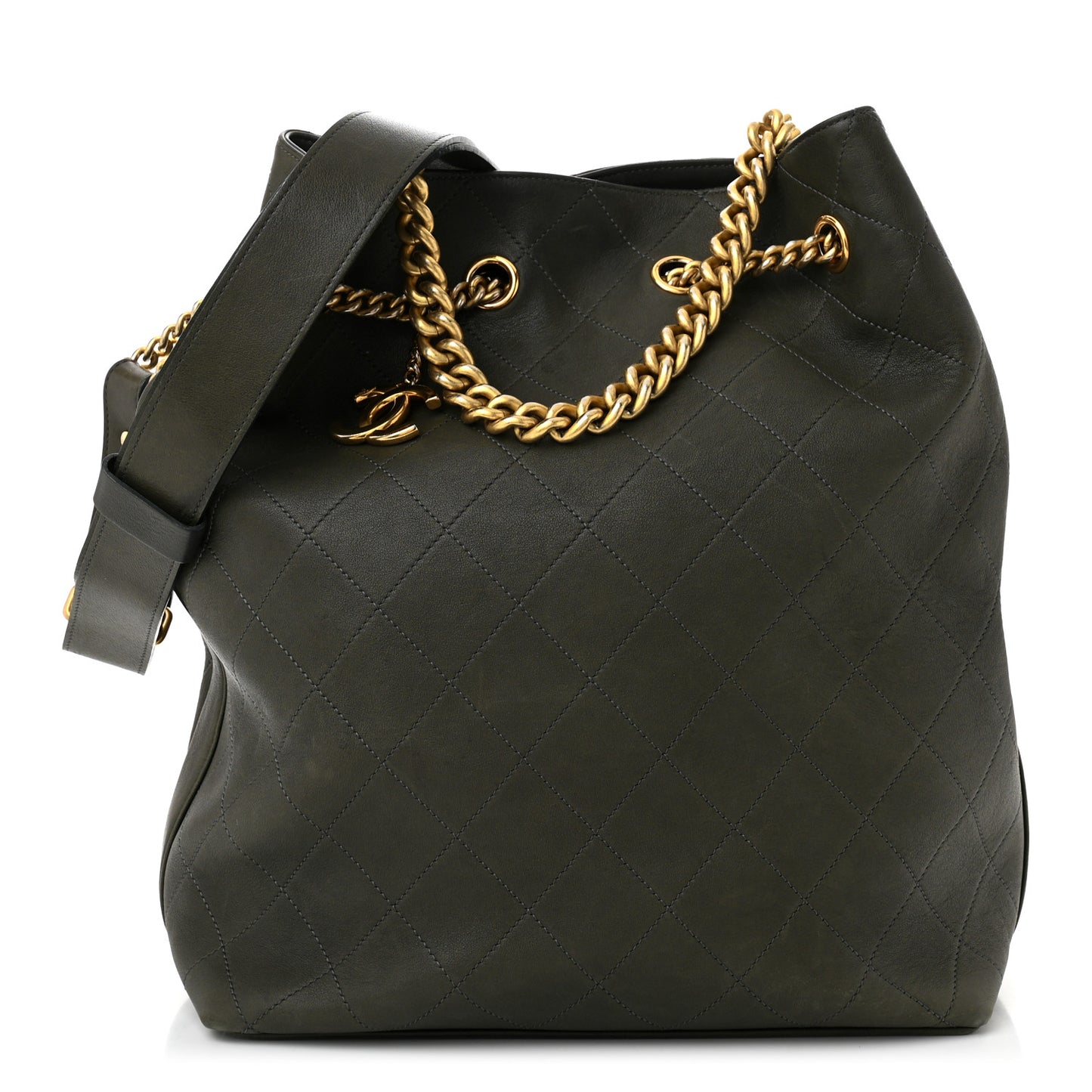 Calfskin Quilted Small On My Shoulder Drawstring Bag Dark Green