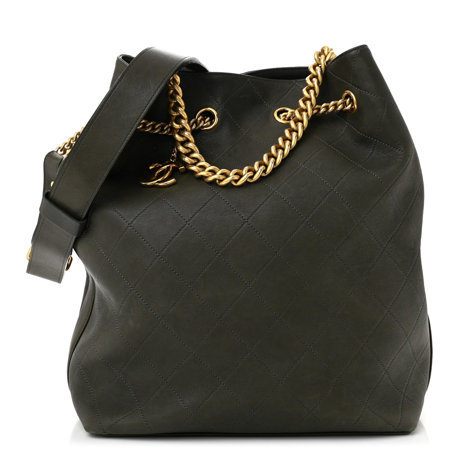 Chanel Calfskin Quilted Small On My Shoulder Drawstring Bag Dark Green 1 of 11