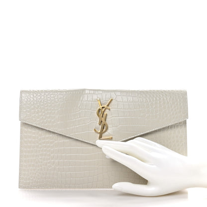 Saint Laurent Calfskin Crocodile Embossed Uptown Monogram Pouch Crema Soft 2 of 7