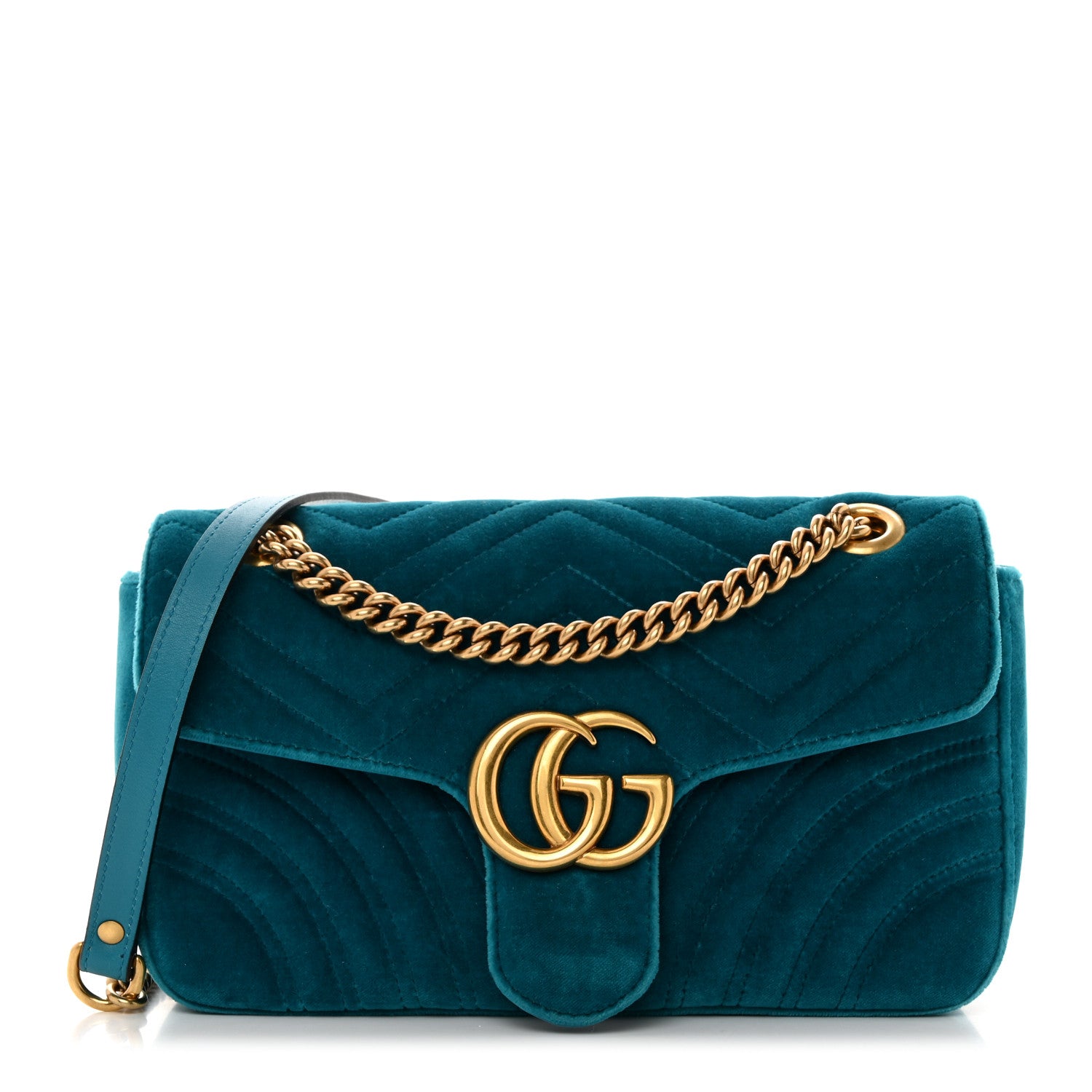 Gucci Velvet Matelasse Small GG Marmont Shoulder Bag Pavone Cyan 1 of 10