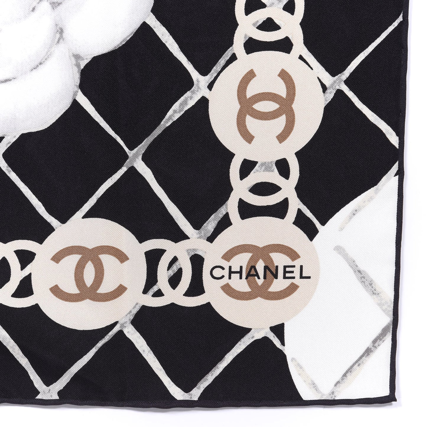 Silk CC Logo Camellia Scarf White Black