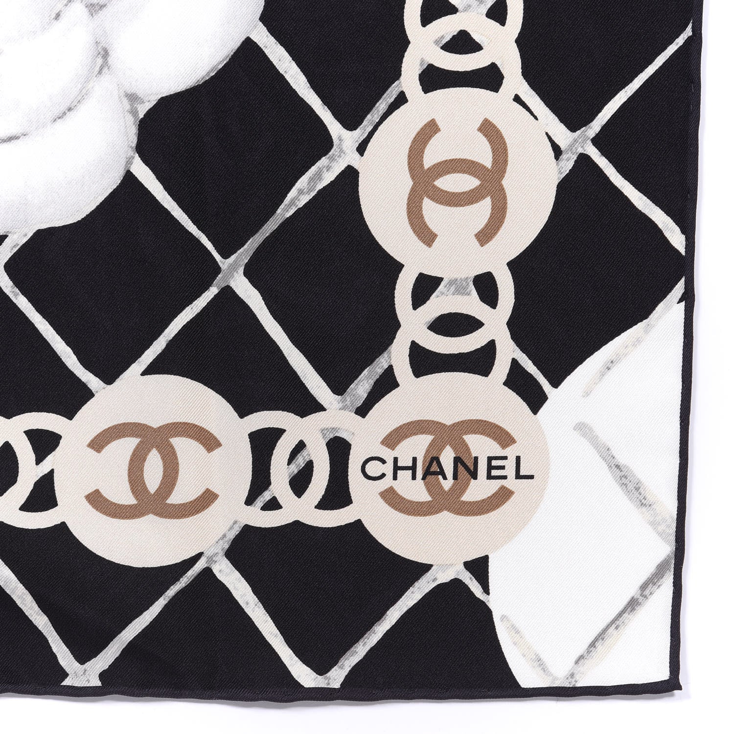 Chanel Silk CC Logo Camellia Scarf White Black 2 of 3