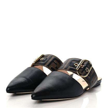 Fendi Vitello FF Embossed Buckle Flat Mules 35.5 Maya Black 2 of 8