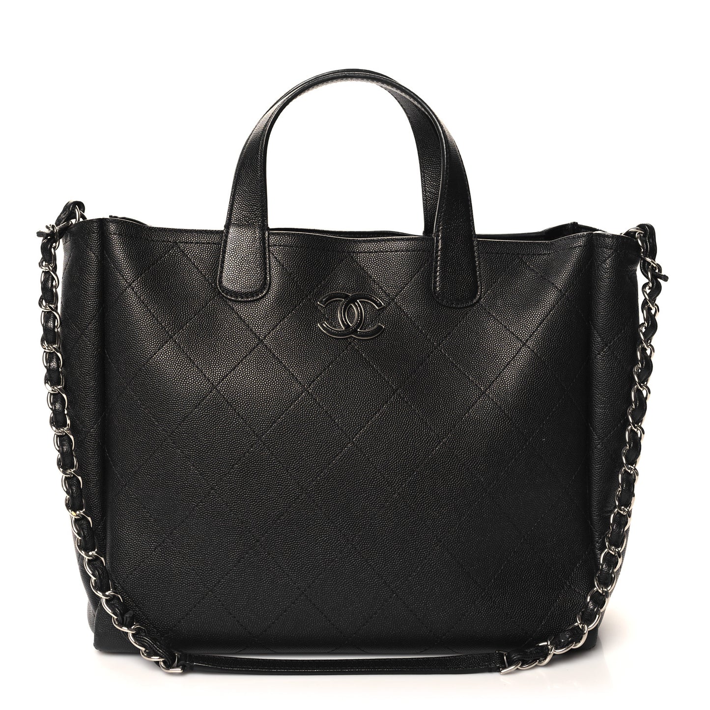 Caviar Stitched Medium Lady Coco Shopping Tote Black