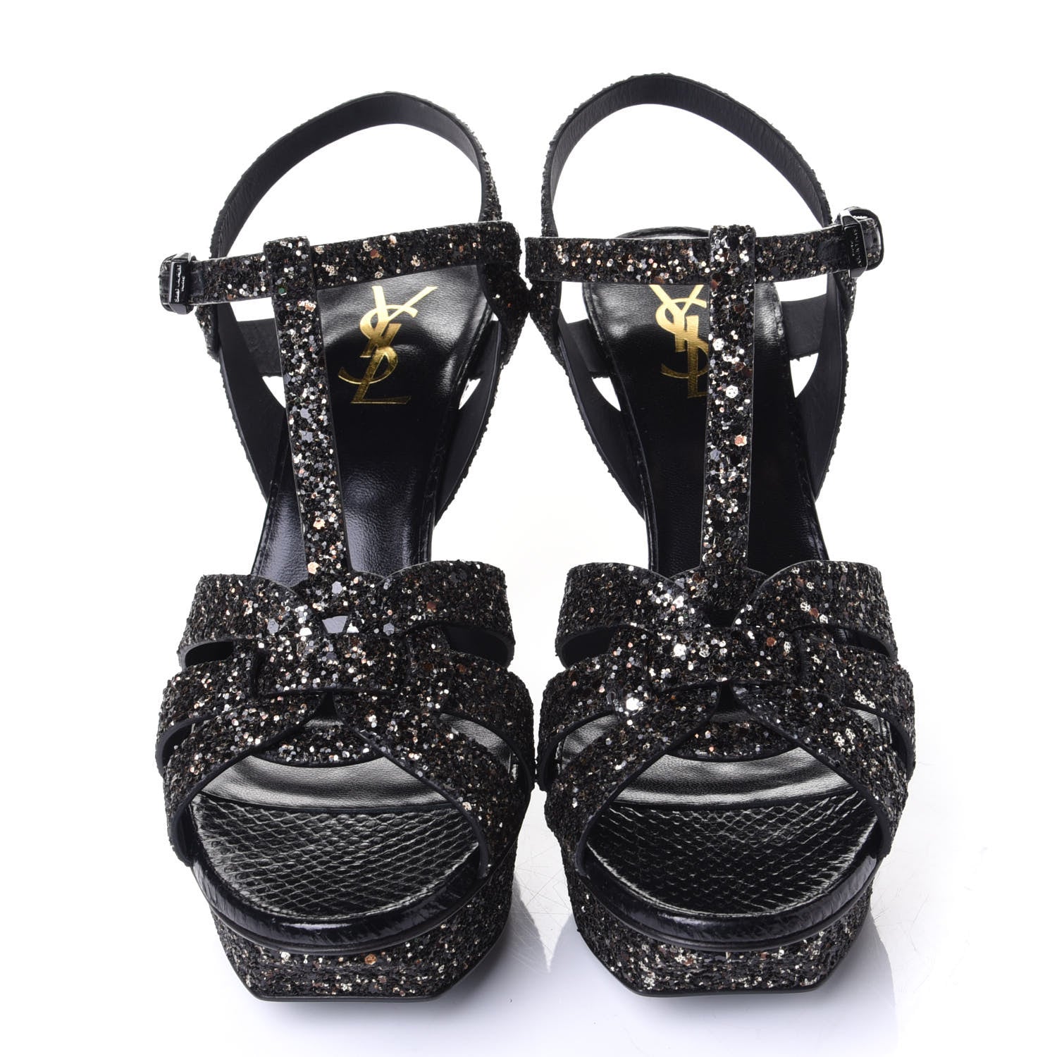Saint Laurent Glitter Calfskin Ayers Tribute 75 Platform Sandals 39.5 Midnight 5 of 10